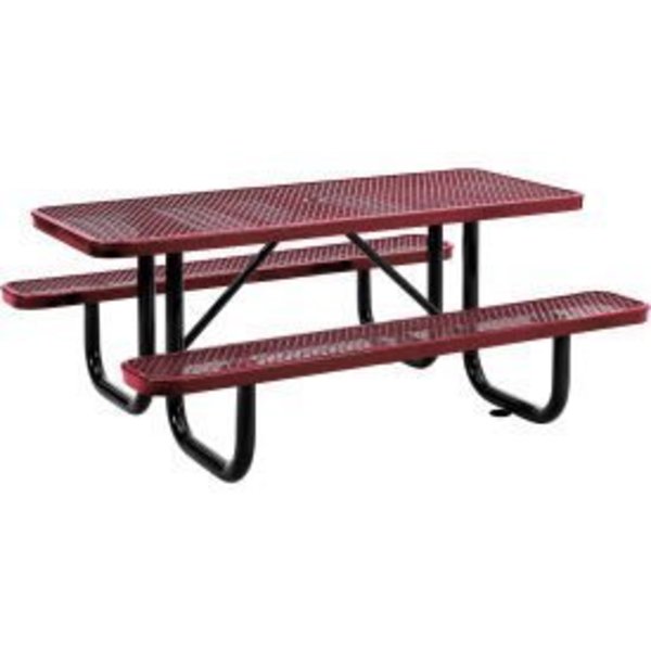 Global Equipment 6 ft. Rectangular Outdoor Steel Picnic Table, Expanded Metal, Red 277152RD